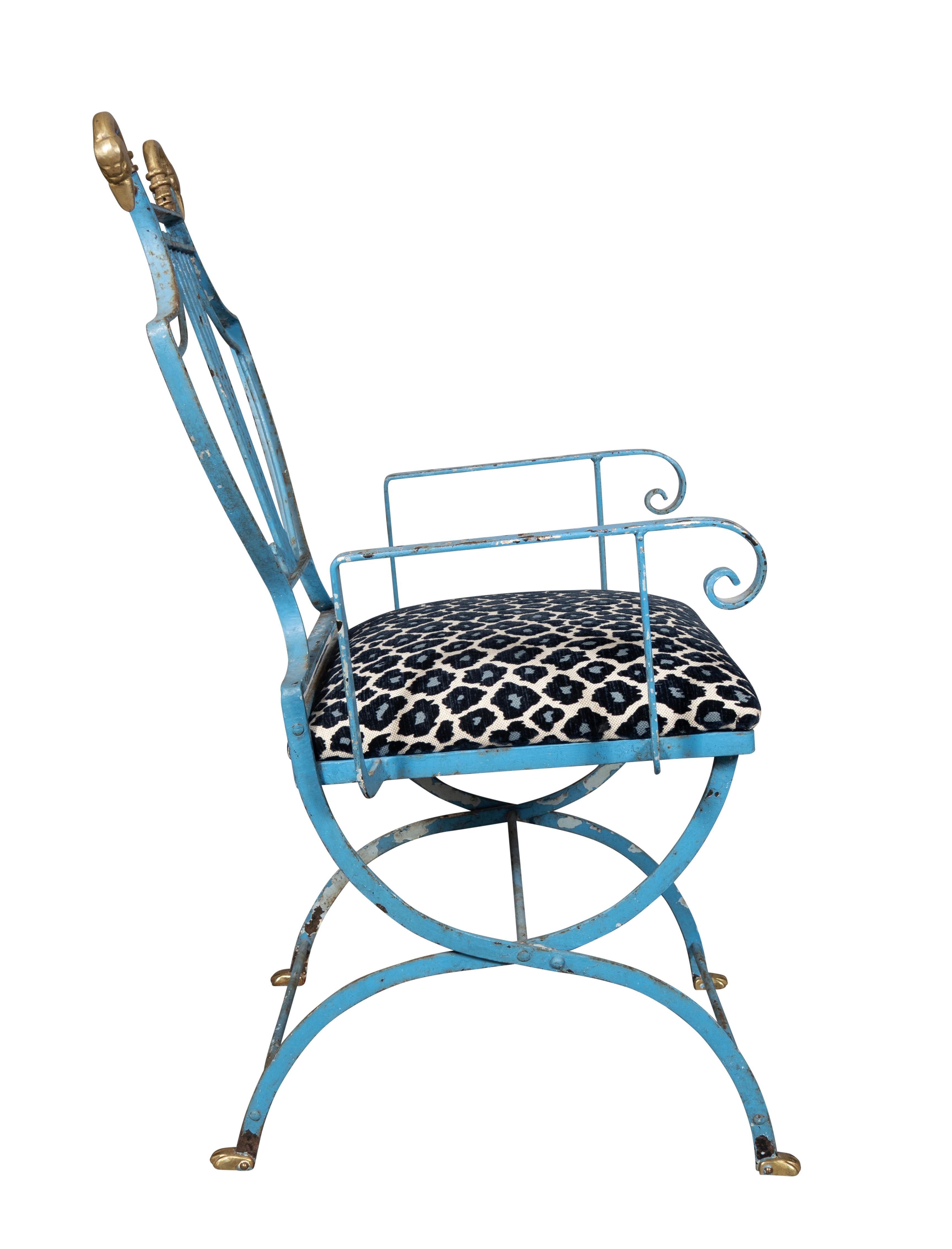 European Unusual Wrought Iron And Brass Armchair For Sale