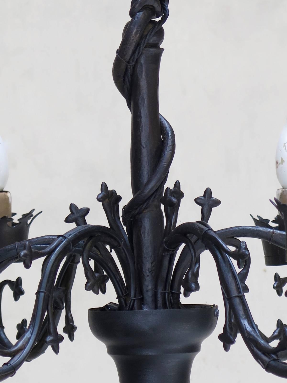 Unusual Wrought Iron Chandelier with Bird and Serpents, France, circa 1940s For Sale 3