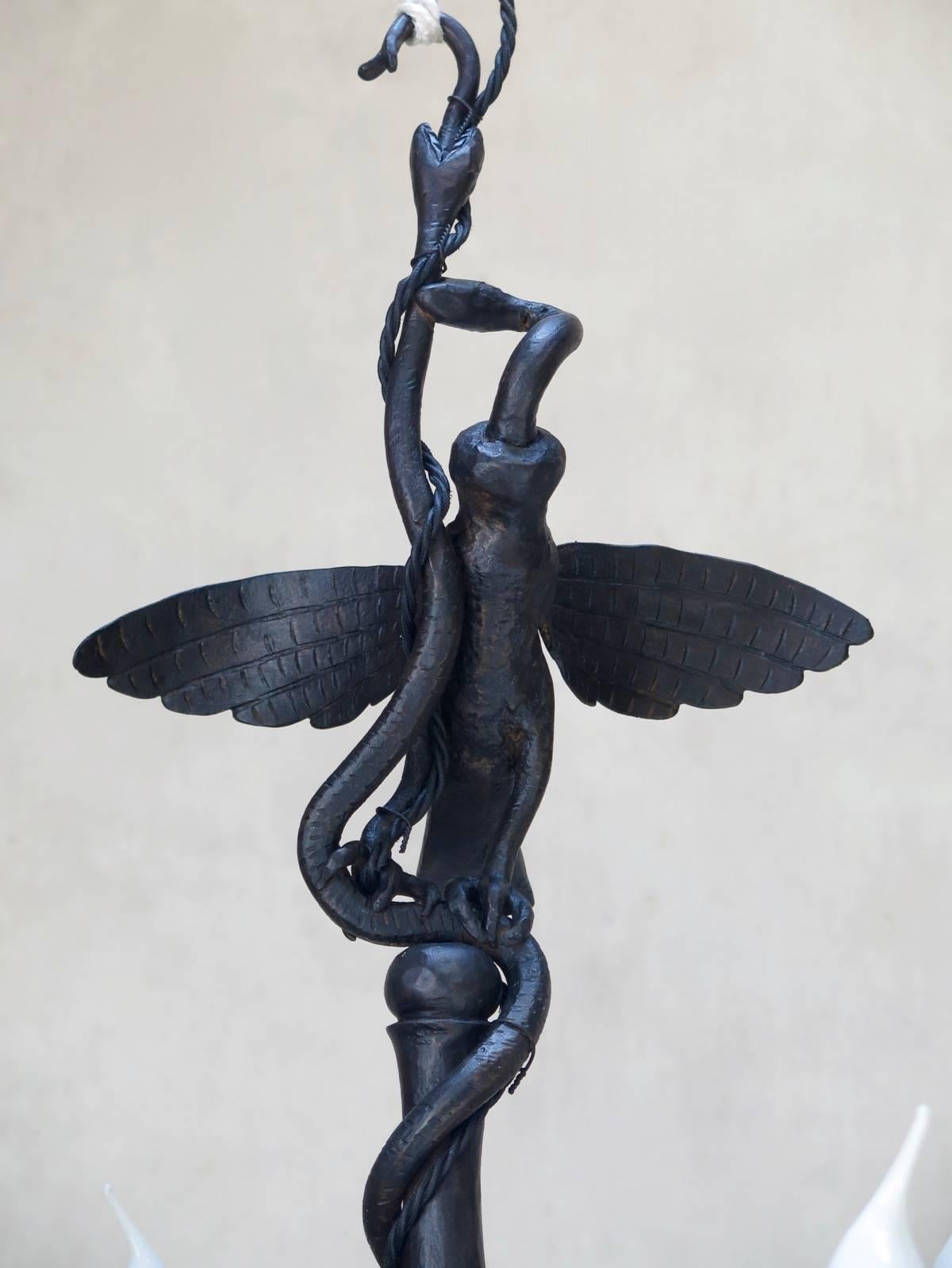 French Unusual Wrought Iron Chandelier with Bird and Serpents, France, circa 1940s For Sale