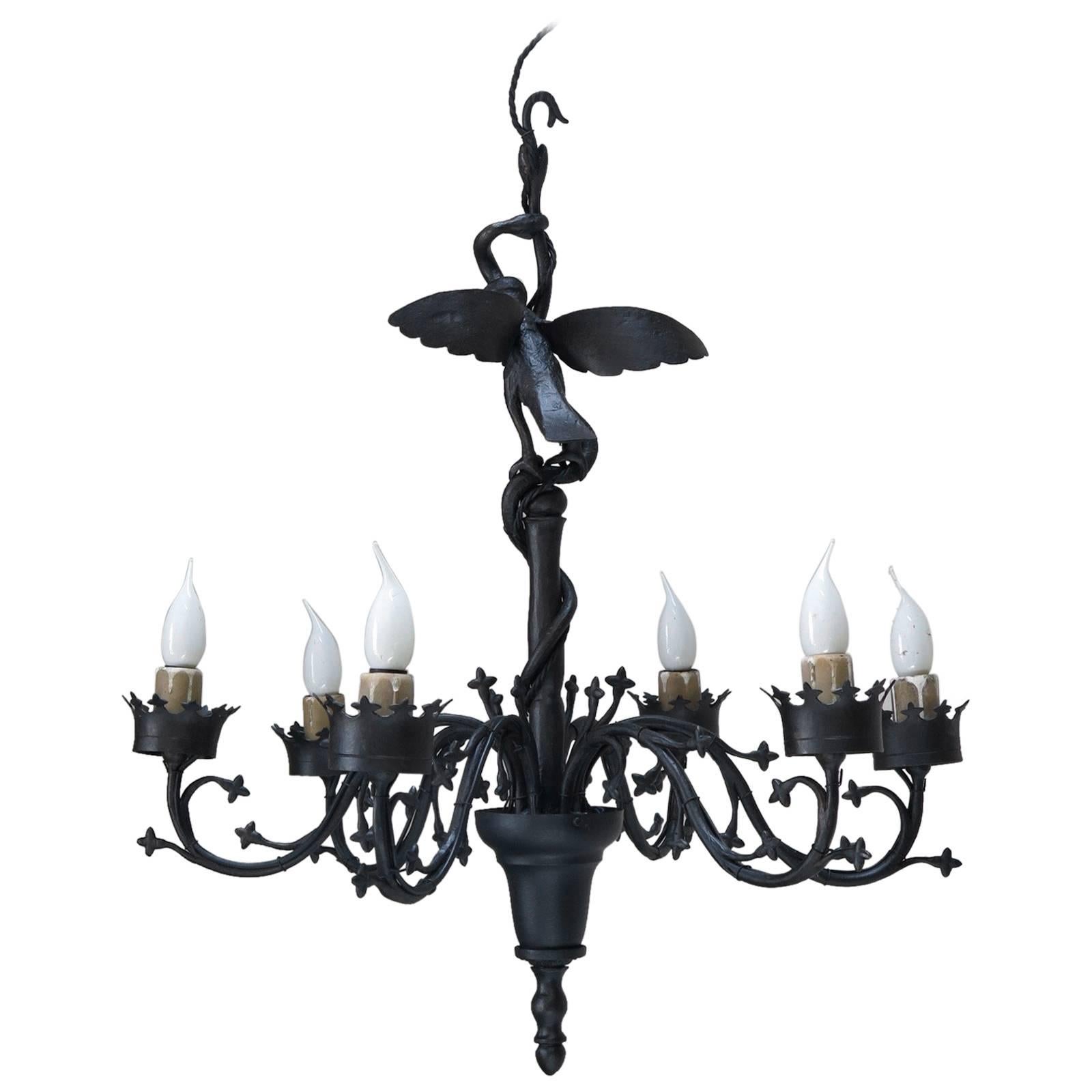 Unusual Wrought Iron Chandelier with Bird and Serpents, France, circa 1940s For Sale