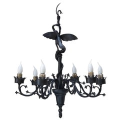 Unusual Wrought Iron Chandelier with Bird and Serpents, France, circa 1940s
