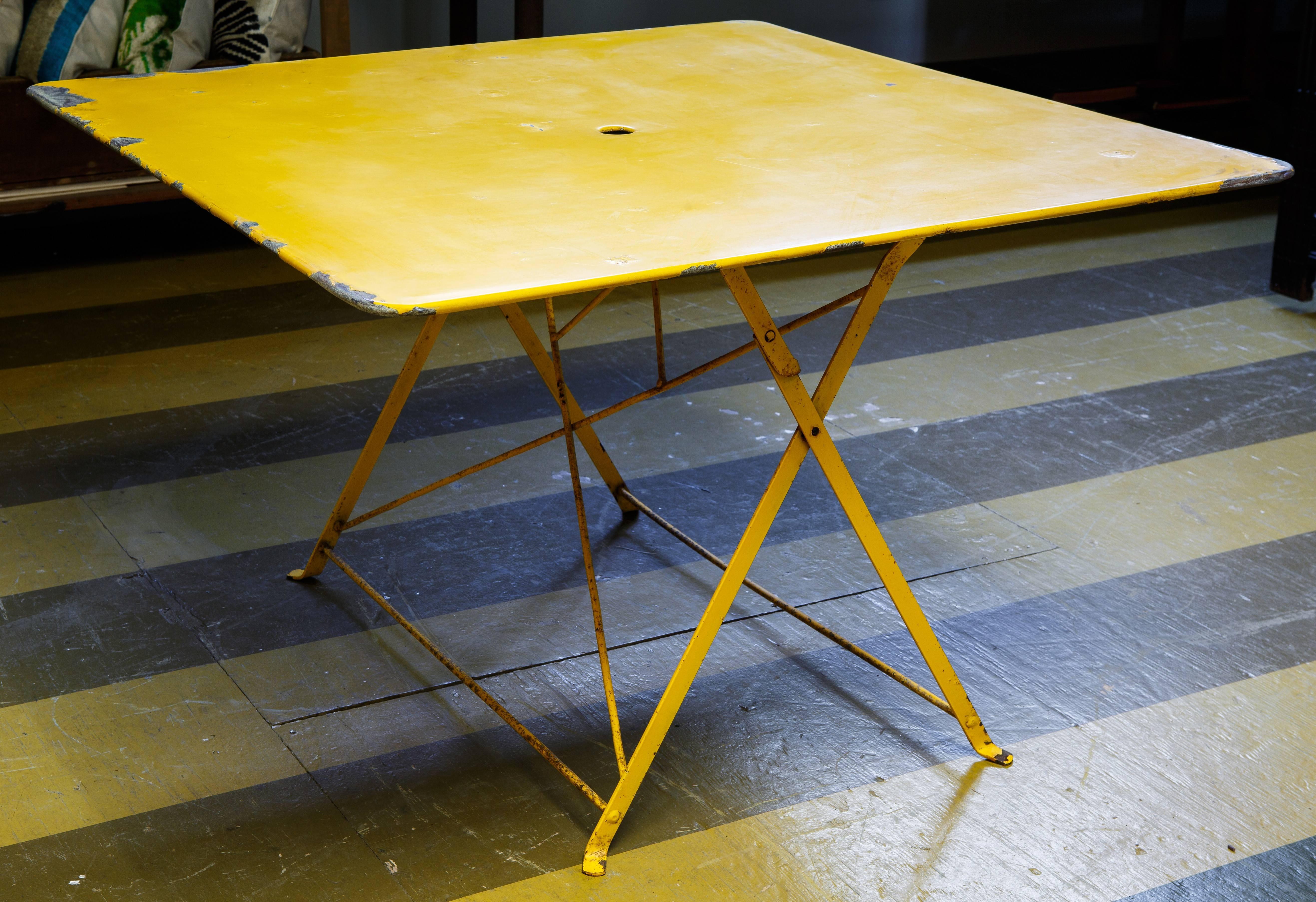 Unusual, Large Square Yellow Painted Iron Folding GardenTable In Good Condition In Houston, TX