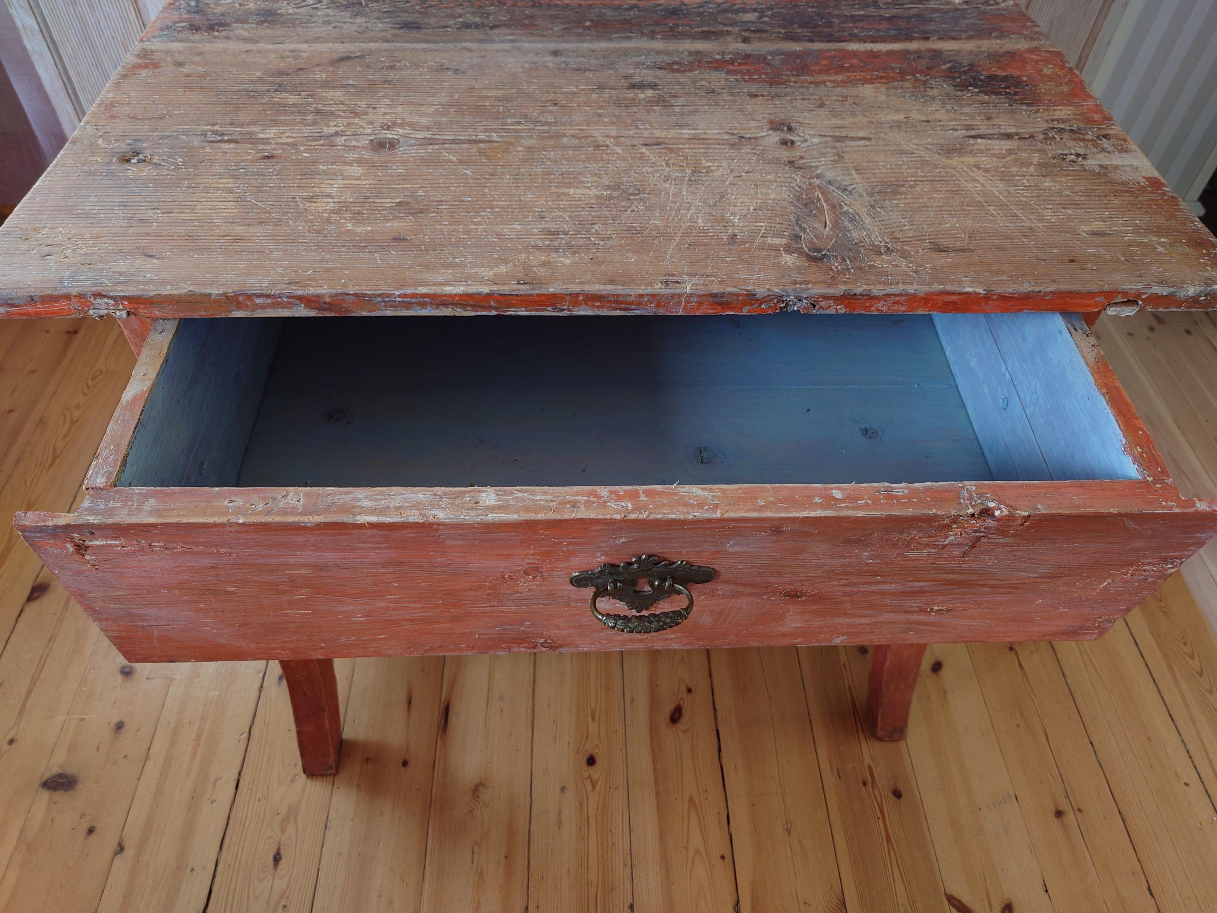 Hand-Carved Unusually Charming 19th Century Swedish Folk Art Table  with original paint. For Sale