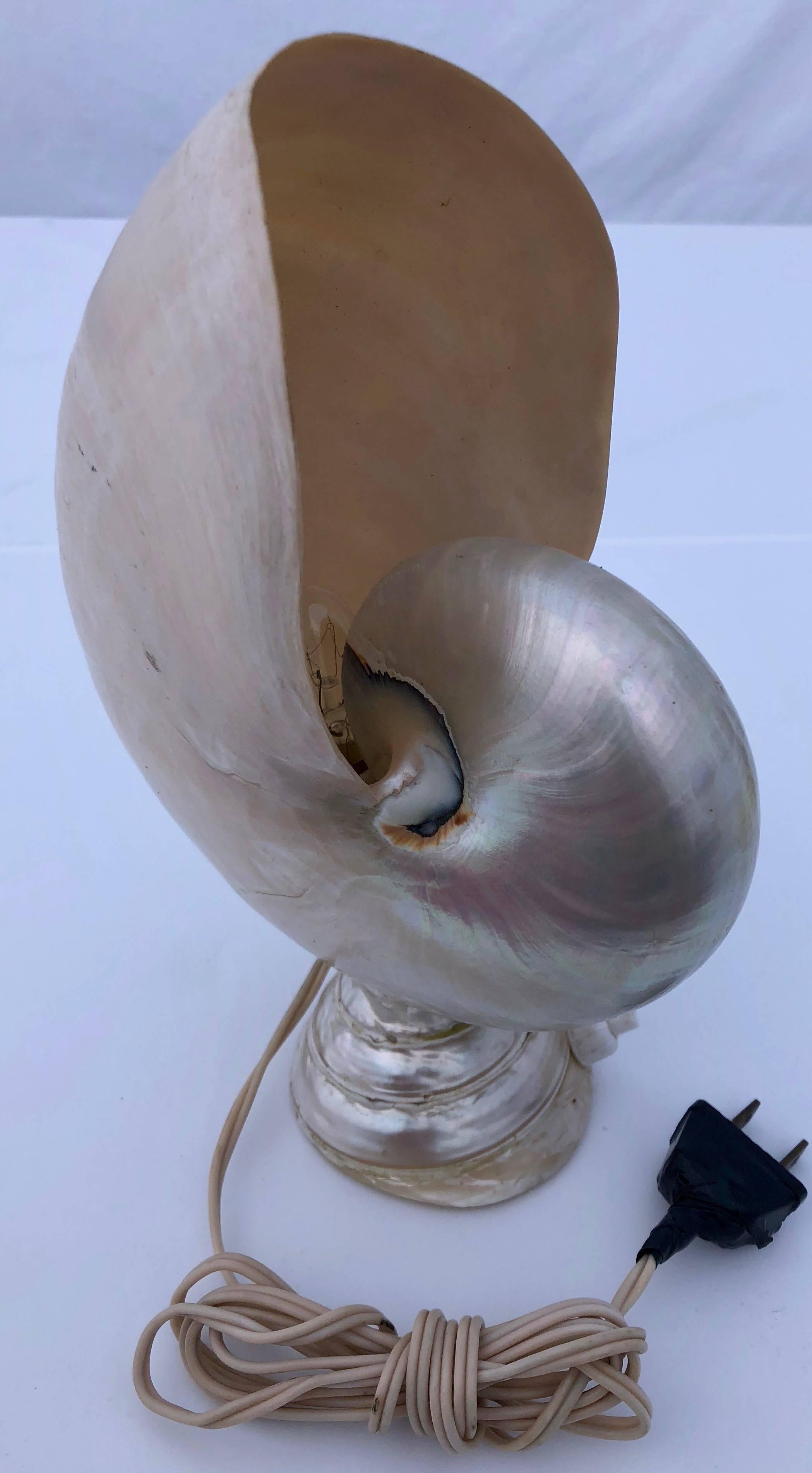 This gorgeous large mother-of-pearl seashell has been beautifully transformed into a table lamp. It is mounted on another mother-of-pearl seashell and has American wiring.

 