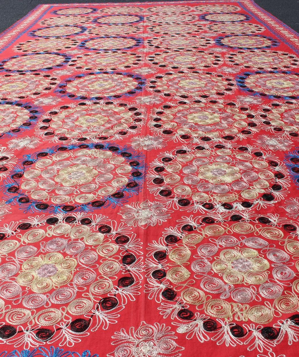 20th Century Unusually Large Silk Embroidery Suzani with Soft Red & Beautiful Vivid Colors For Sale