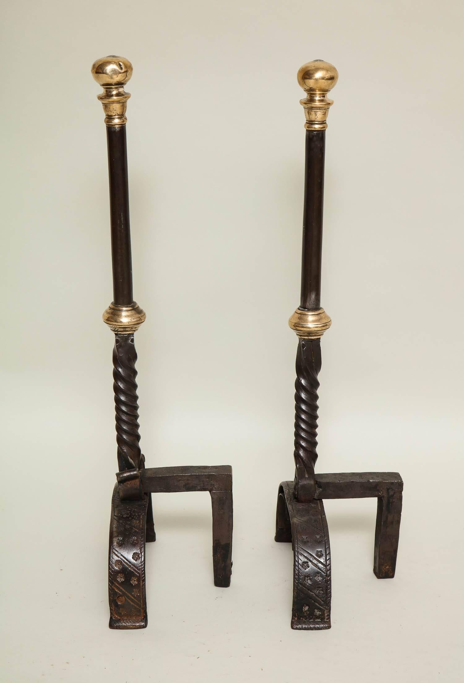 Unusually Shallow Baroque Bronze and Wrought Iron Andirons 5