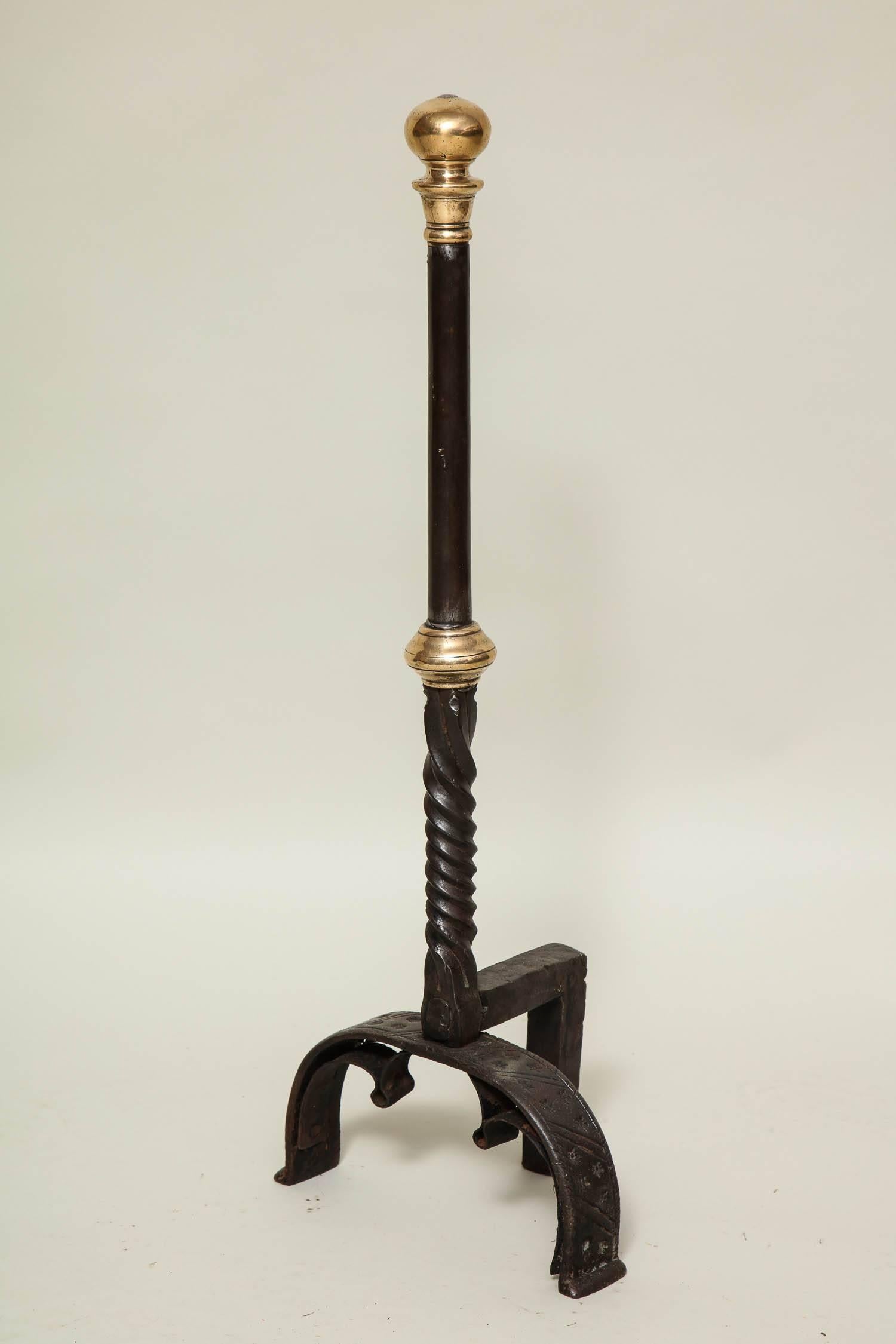 Unusually Shallow Baroque Bronze and Wrought Iron Andirons In Excellent Condition In Greenwich, CT