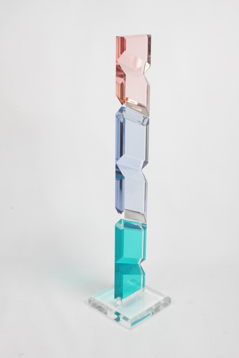 Mid-Century Modern Unusually Tall Shlomi Haziza Signed Op-Art Colored Lucite TOTEM Form Sculpture For Sale
