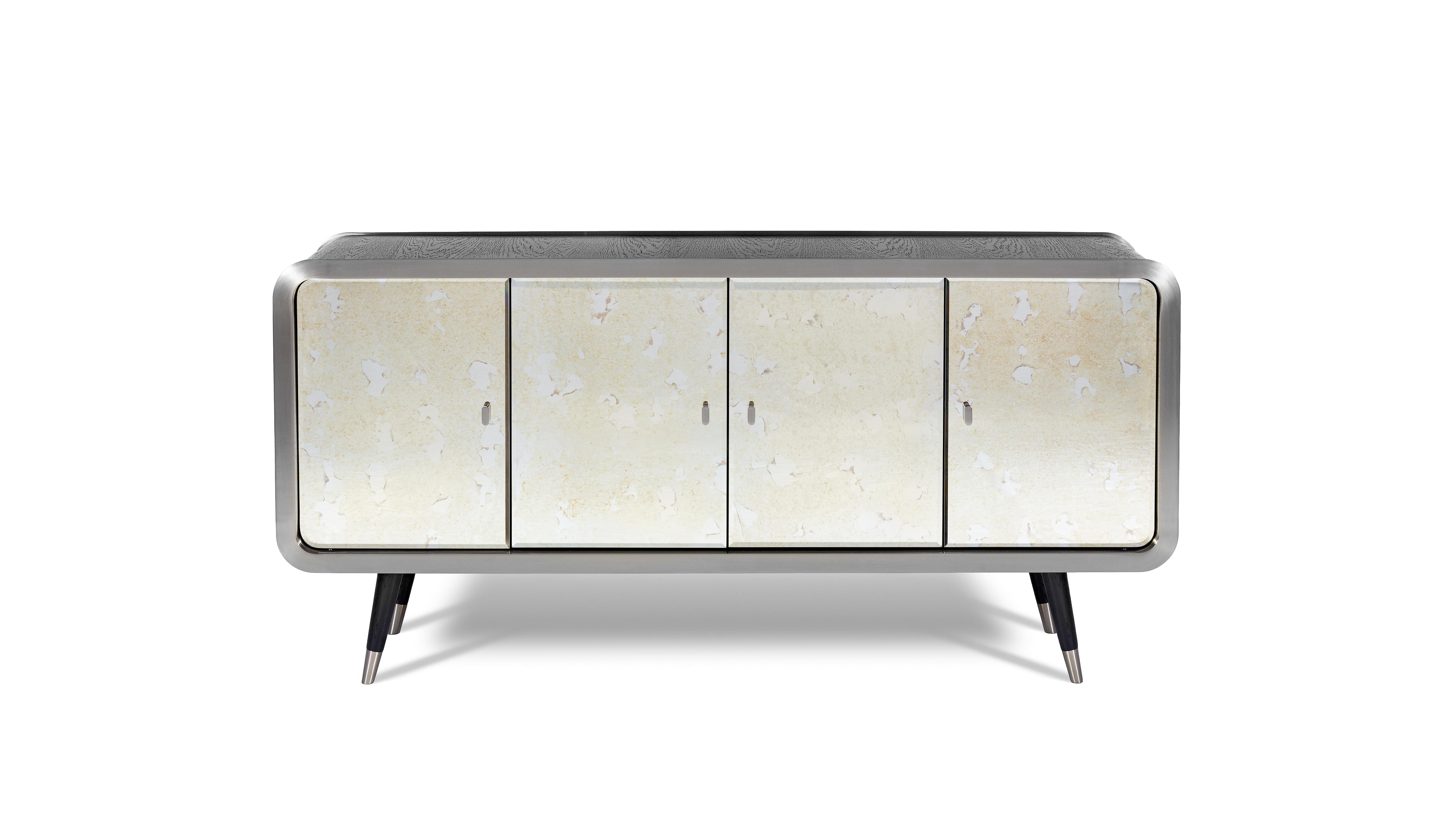 Unveil Sideboard 180 by InsidherLand
Dimensions: D 50 x W 180 x H 85 cm.
Materials: 
Wood structure: dark oak veneer in open grain finished in matt varnish. Doors: aged mirror.
Shelves: bronze glass. Metal frame, handles, and feet: brushed stainless