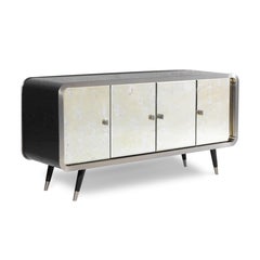 Minimalist dark oak aged mirror steel Unveli 180 sideboard by InsidherLand