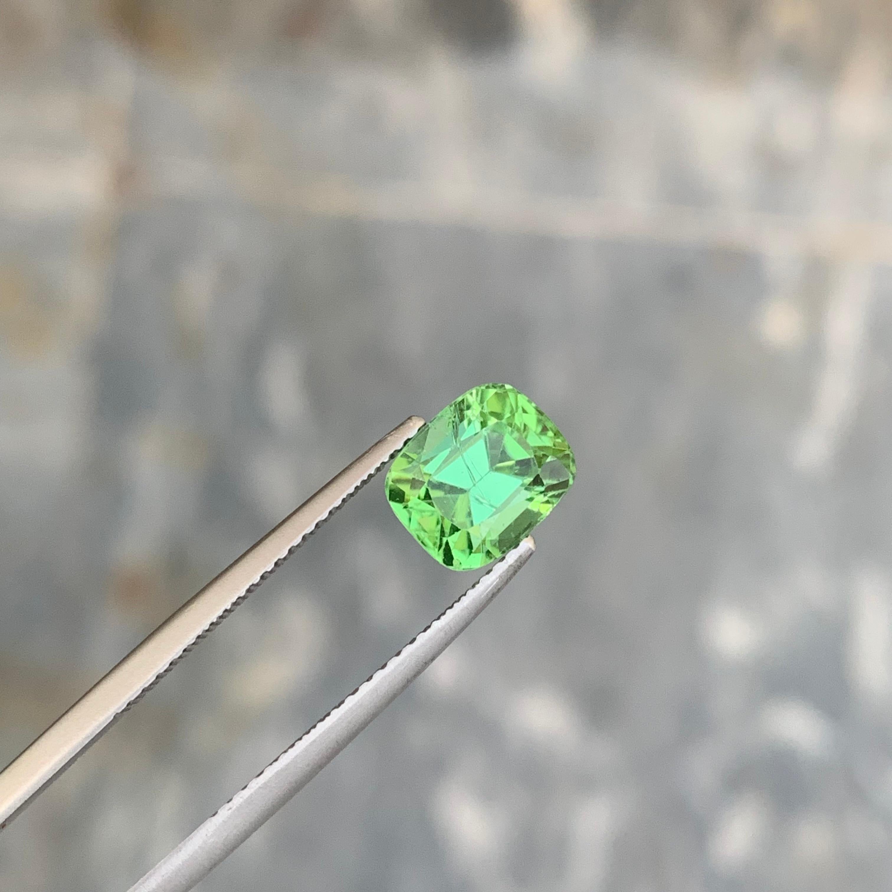 Loose Tourmaline 
Weight: 2.50 Carats 
Dimension: 8.3x6.8x5.9 Mm
Origin: Kunar Afghanistan 
Color: Mintgreen 
Shape: Cushion 
Certificate: On Demand 
Mintgreen tourmaline, a mesmerizing gemstone that embodies the serene beauty of nature, is