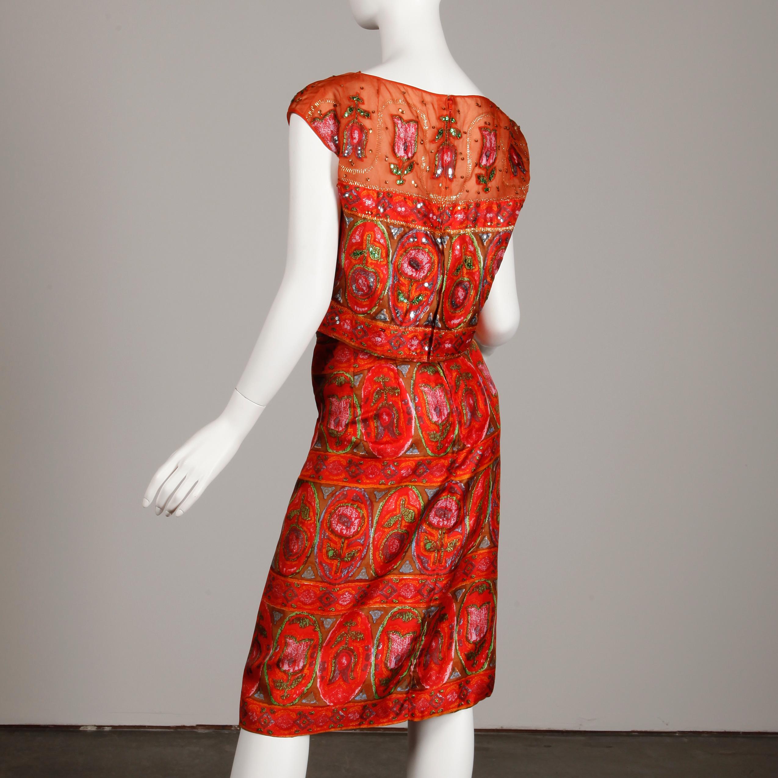Unworn 1960s Oleg Cassini Vintage Silk + Sequin Embellished Cocktail Dress In New Condition In Sparks, NV