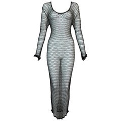 Ungetragenes 1990er D&G Dolce & Gabbana 20er Jahre Stil durchsichtiges Fischnetz-Maxikleid mit Perlen