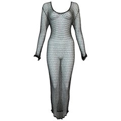 Unworn 1990's D&G Dolce & Gabbana 20's Style Sheer Beaded Fishnet Maxi Dress