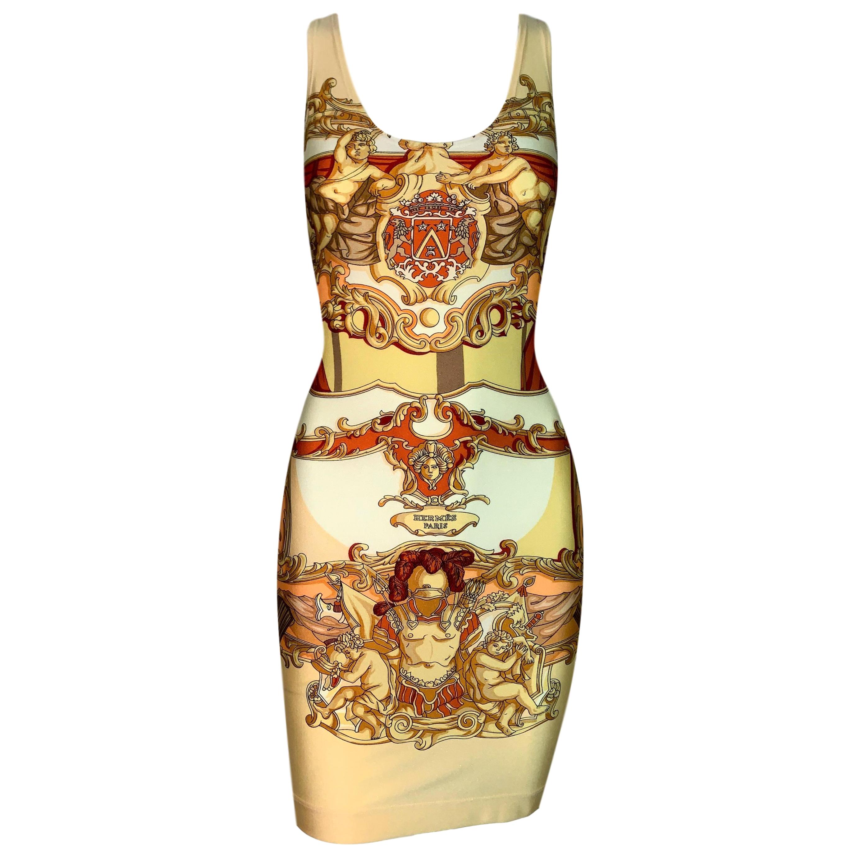 Unworn 1990's Hermes Logo Baroque Gold Bodycon Nylon Mini Dress