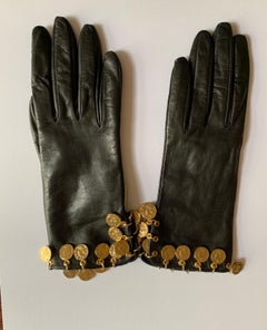 Unworn 1990s Moschino Black Leather Gold Roman Coin Charm Gloves