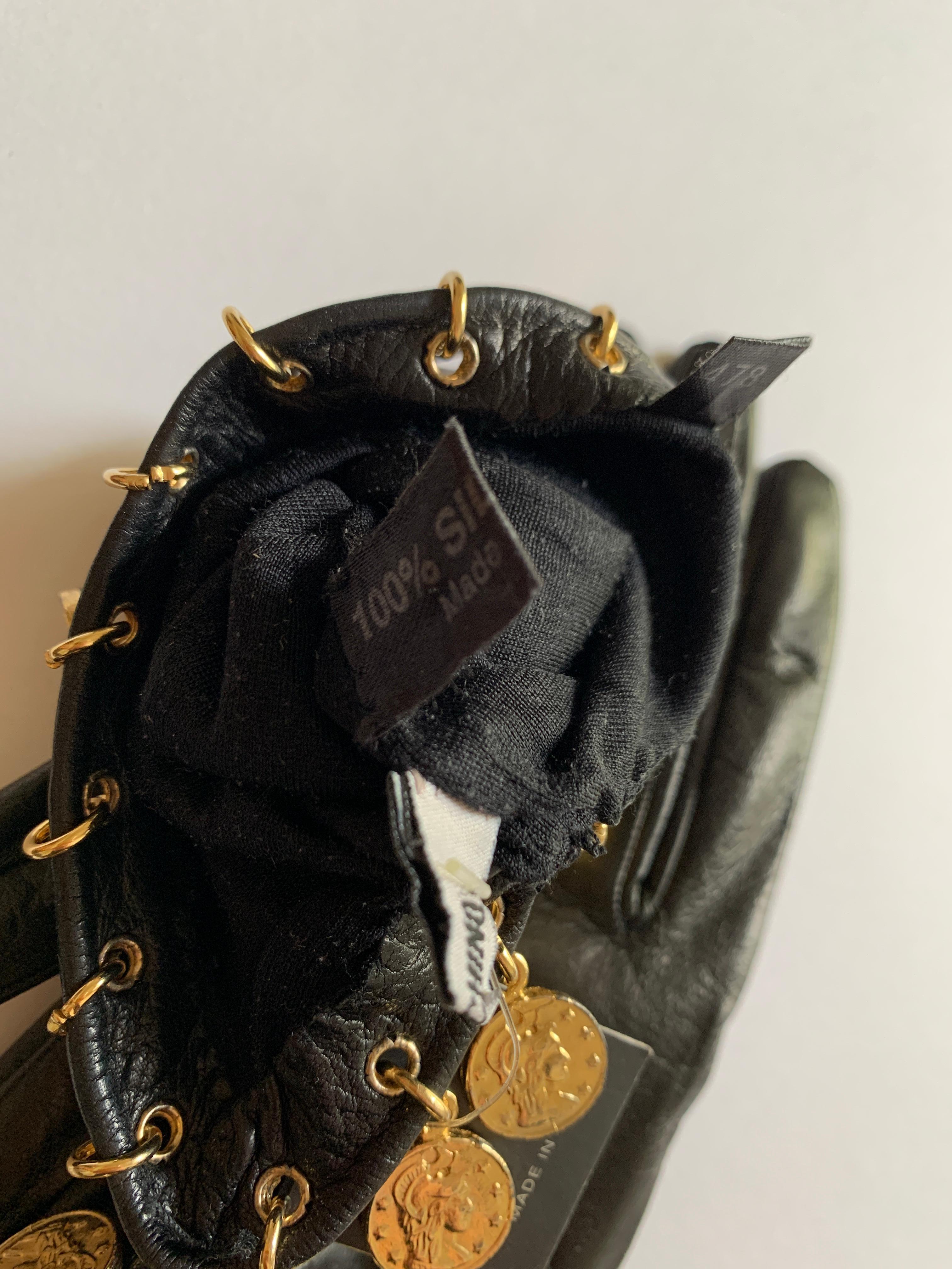Unworn 1990s Moschino Black Leather Gold Roman Coin Charm Gloves For Sale 1