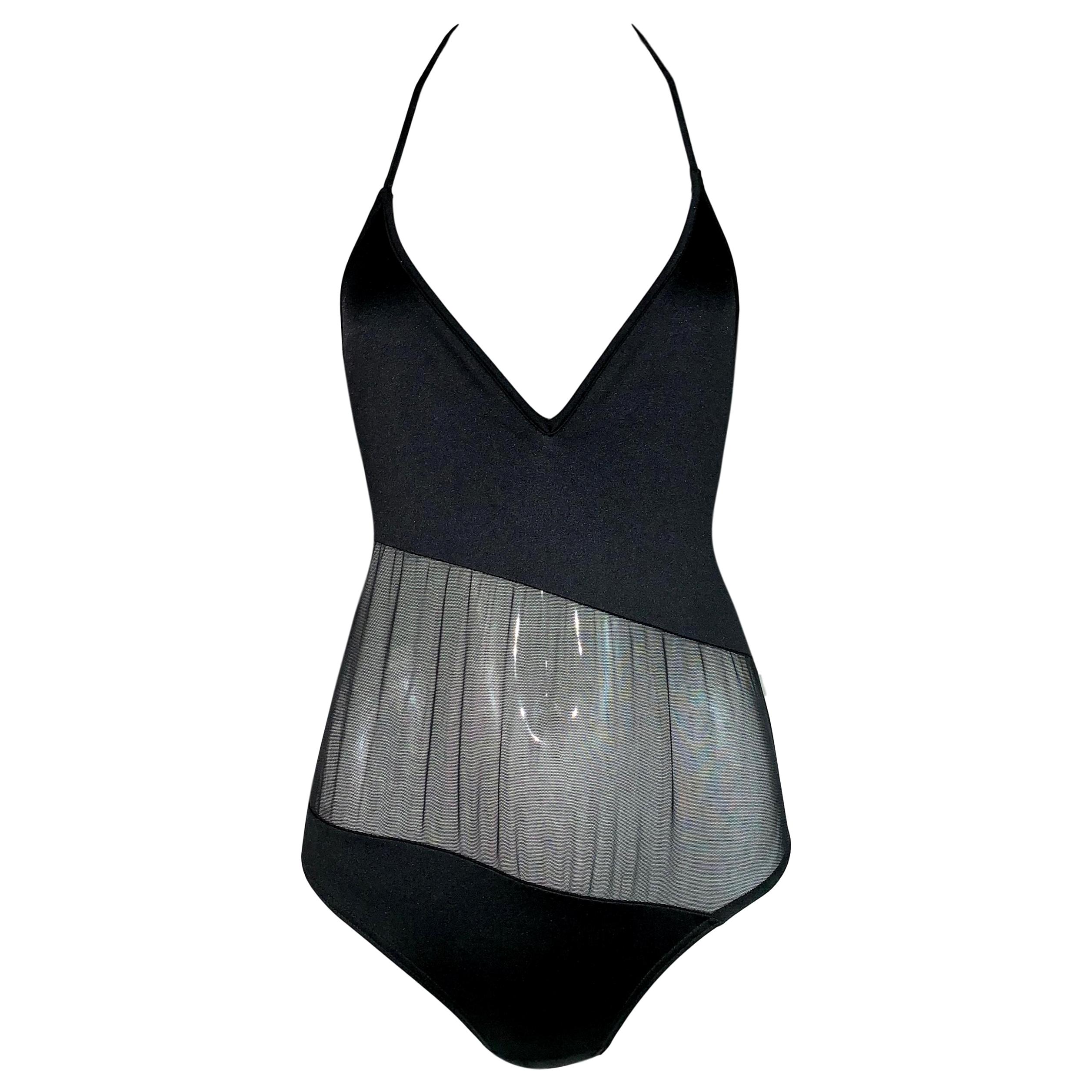 Unworn 1997 Gucci Tom Ford Sheer Black Mesh Nylon Bodysuit Swimsuit