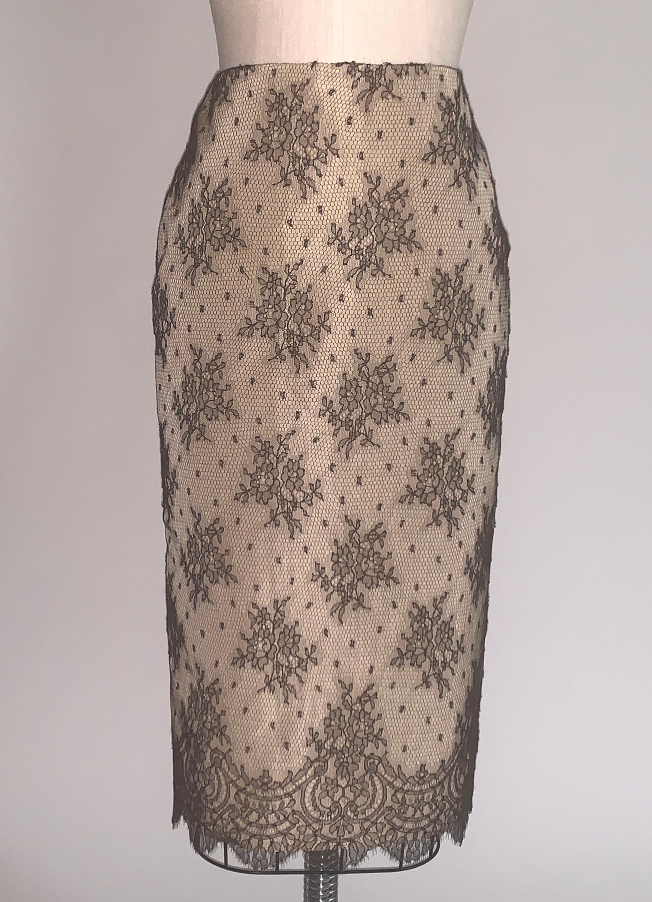 Alexander Mcqueen nude silk pencil skirt with black floral lace overlay from the 2005 
