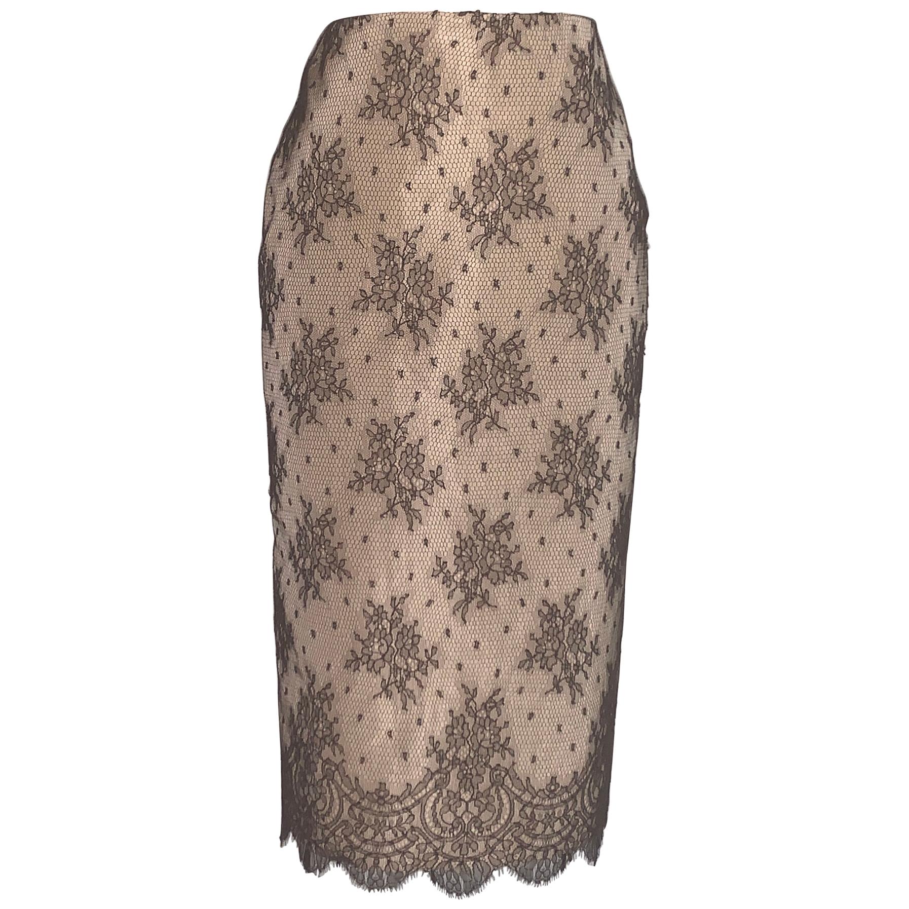 Unworn 2005 Alexander Mcqueen Nude Pencil Skirt with Black Floral Lace Overlay
