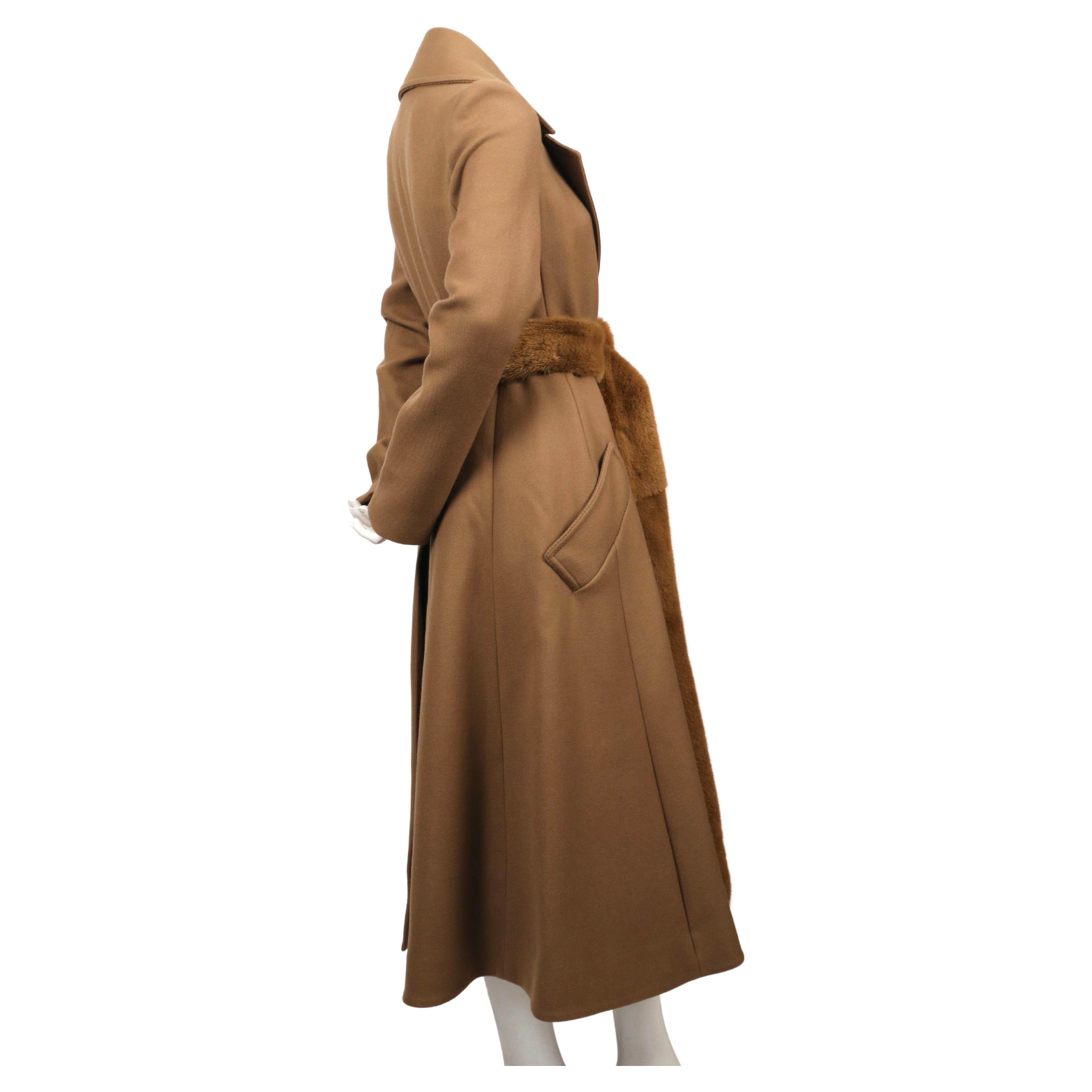 unworn 2014 CELINE fitted camel wool gabardine runway coat with mink fur belt In New Condition In San Fransisco, CA