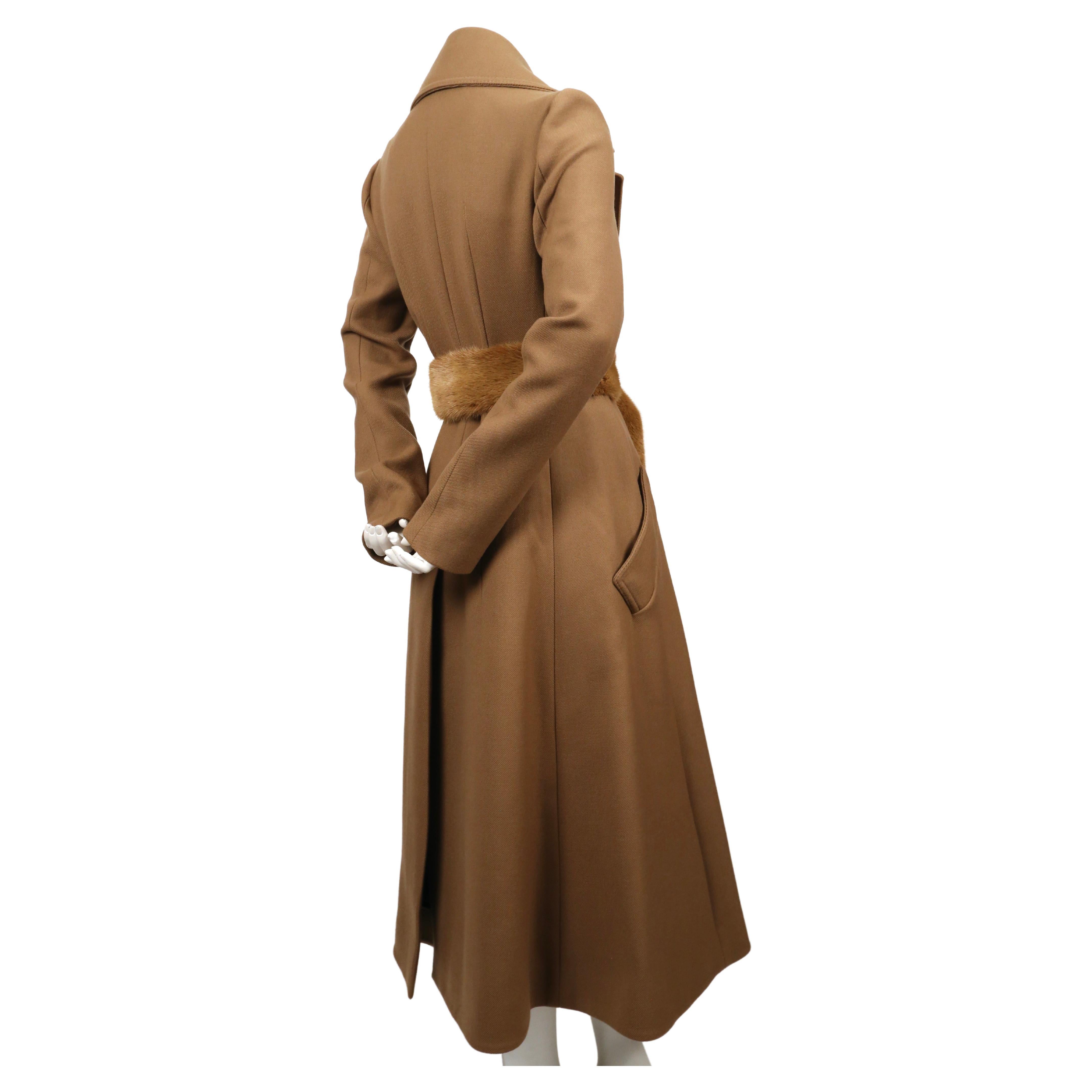 Women's unworn 2014 CELINE fitted camel wool gabardine runway coat with mink fur belt