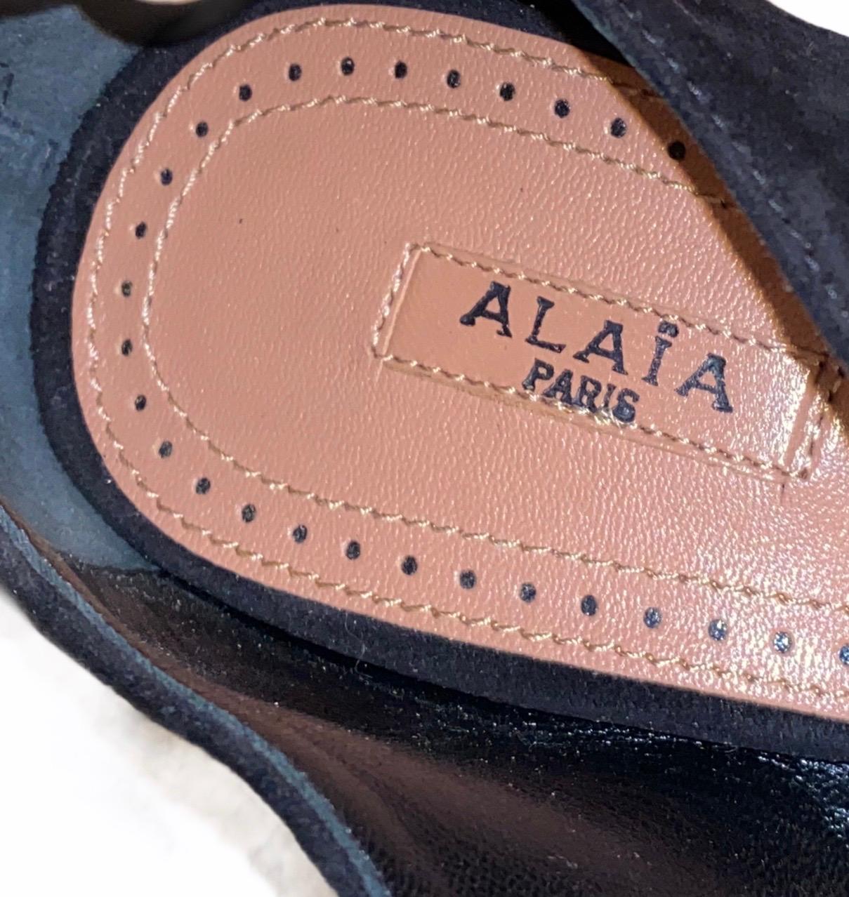 Women's UNWORN Alaia Black Suede Ruffle Platform Ankle Sandals High Heels 38 For Sale