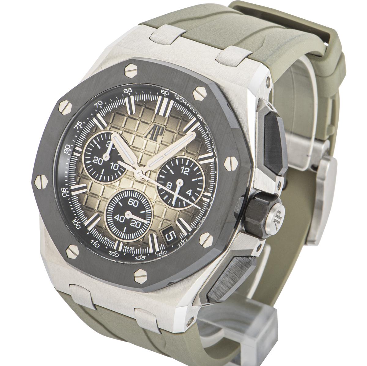 A newly designed 43mm Royal Oak Offshore from Audemars Piguet in stainless steel. Featuring a smoked light brown 
