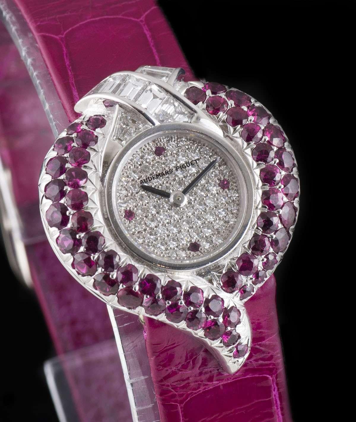 Round Cut Unworn Audemars Piguet Ruby and Diamond Set Ladies Dress Wristwatch Original Box