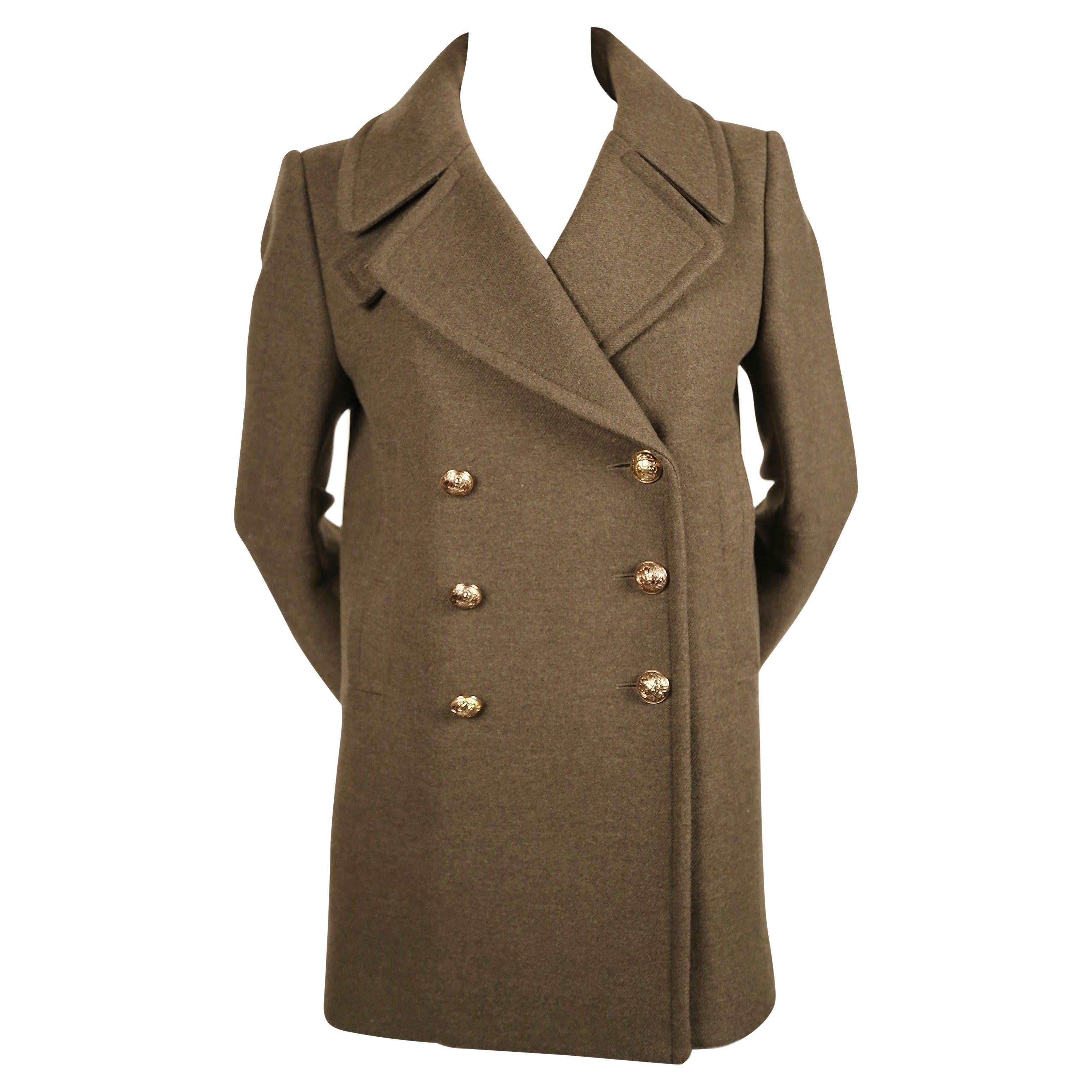 unworn BALMAIN khaki melton wool military coat For Sale