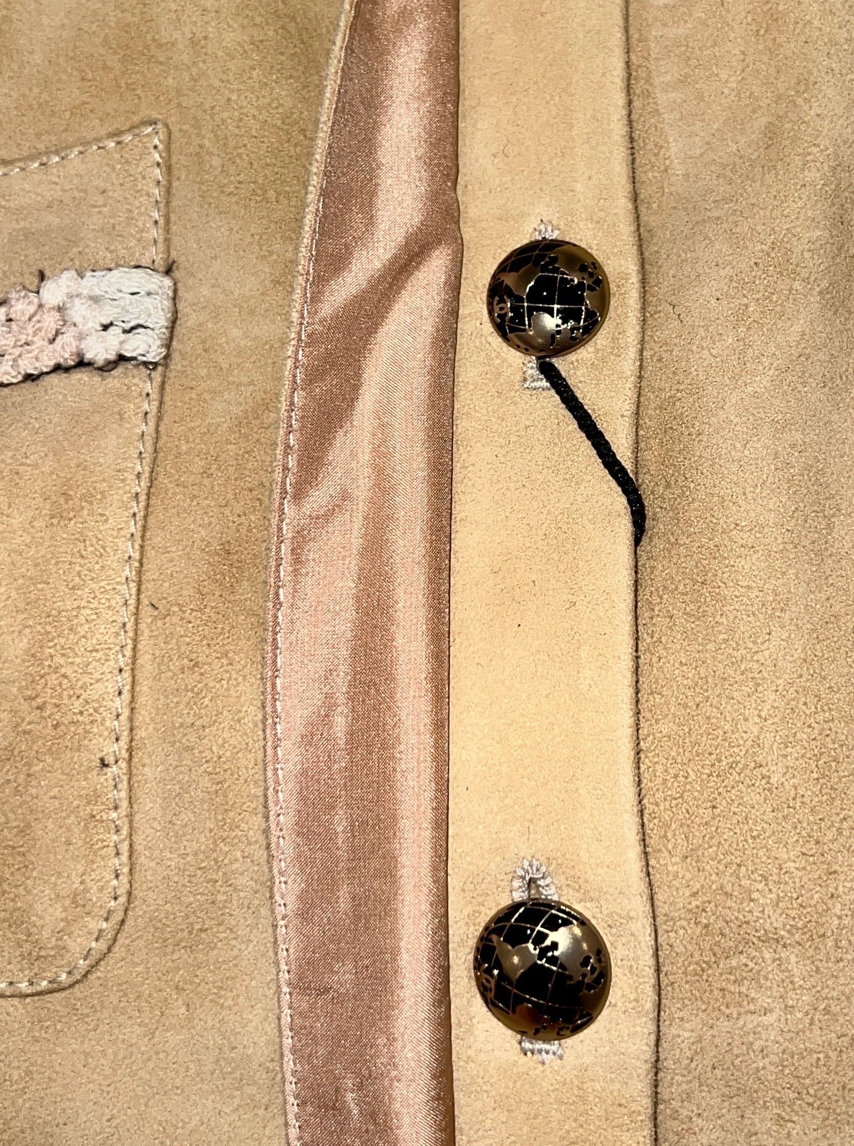 Women's UNWORN Beige Chanel Embellished Finest Suede Lambskin Leather Jacket Blazer 38 For Sale