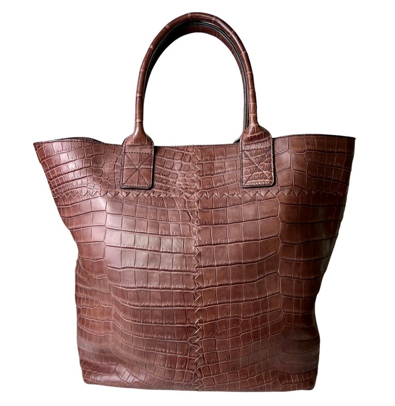 UNWORN Bottega Matte Brown Crocodile XL Top Handle Bag Tote