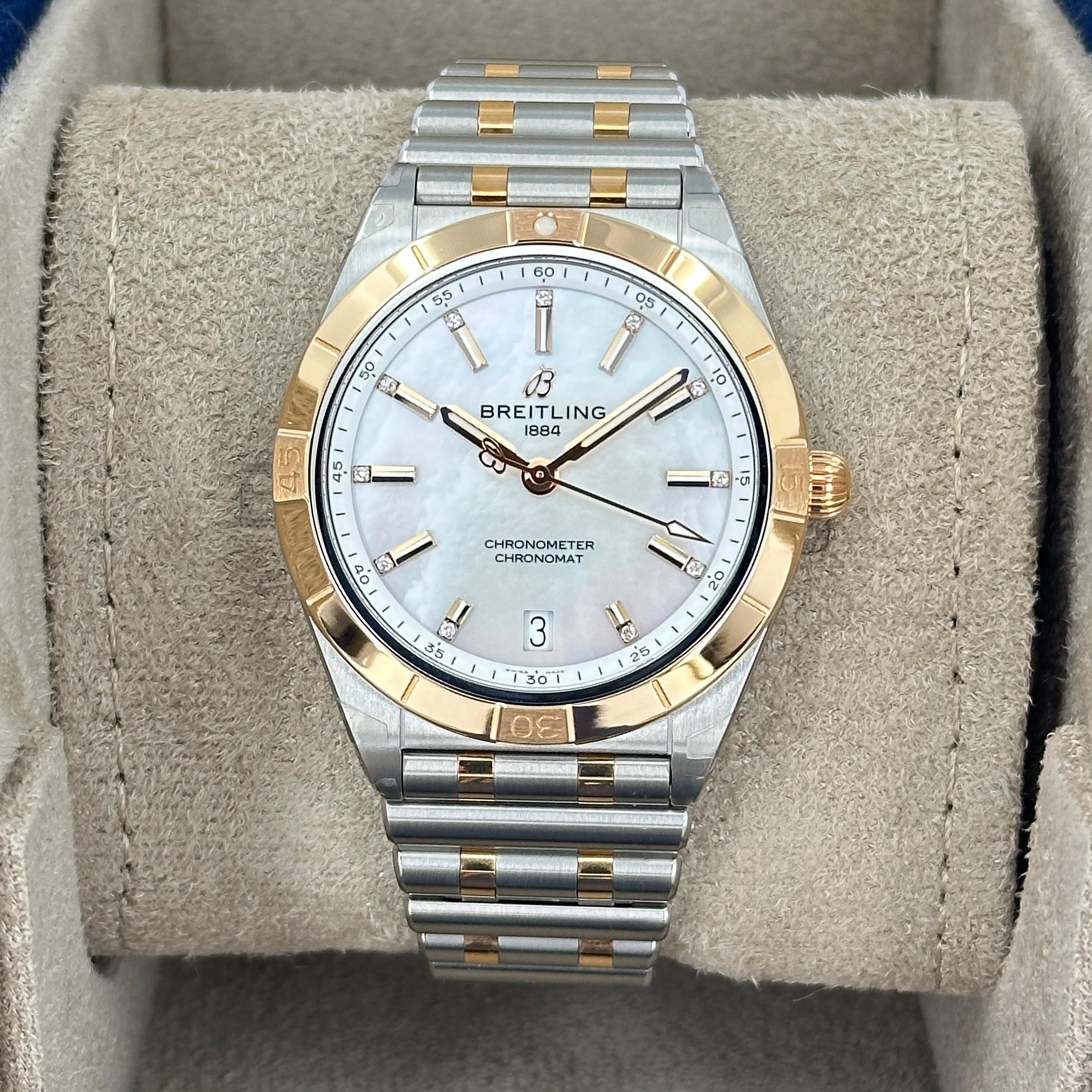 Il Chronomat Automatic 36 racchiude l'eredità sportiva di Breitling in un design raffinato e di medie dimensioni. La sua struttura bicolore in acciaio inossidabile e oro rosso 18 carati si abbina magnificamente a un quadrante in madreperla bianca