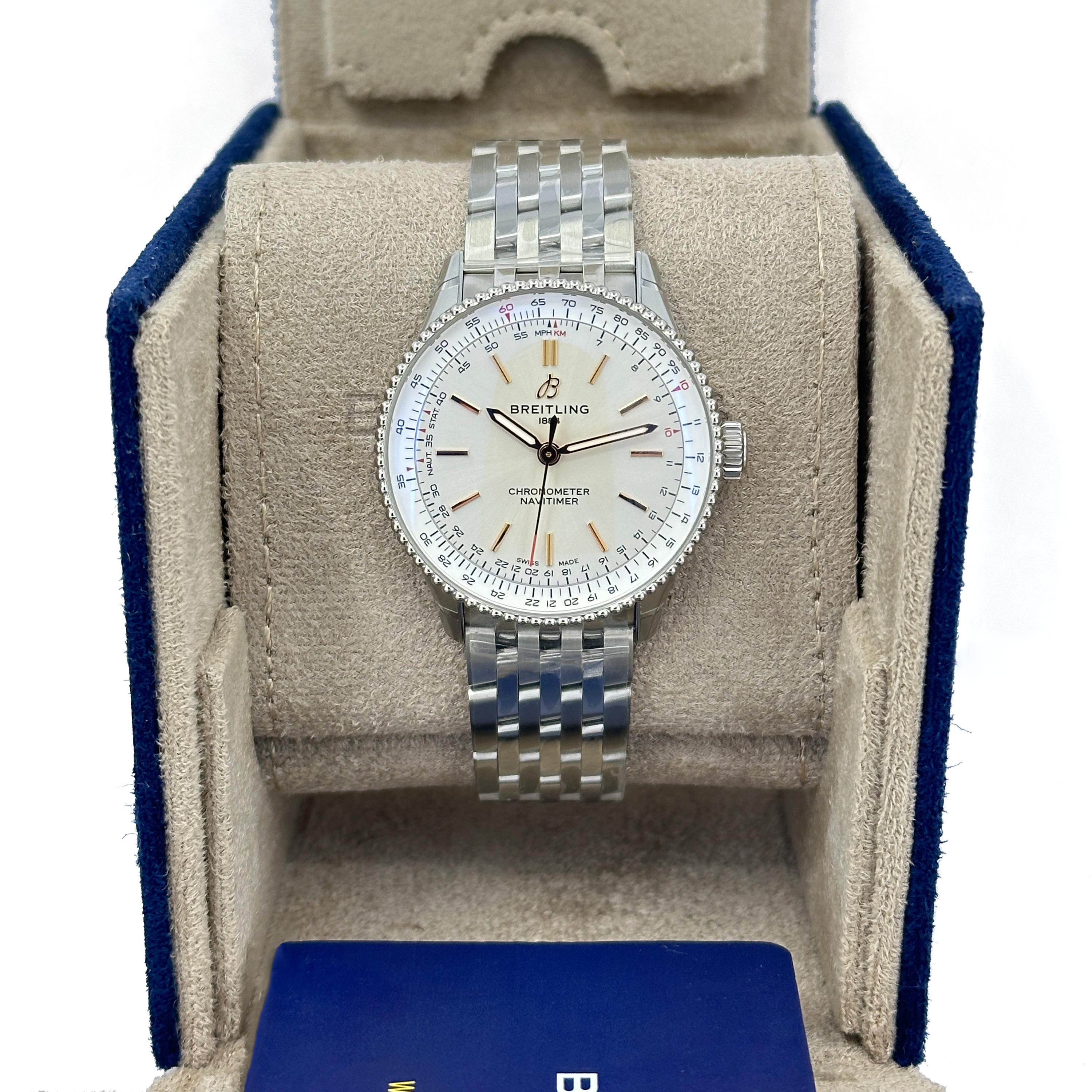 The Breitling Navitimer Automatic 36 (Ref. A17327211G1A1) brings the heritage of one of the world’s most iconic pilot’s watches into a refined, versatile format. Measuring 36 mm across, this stainless steel model is perfectly proportioned for