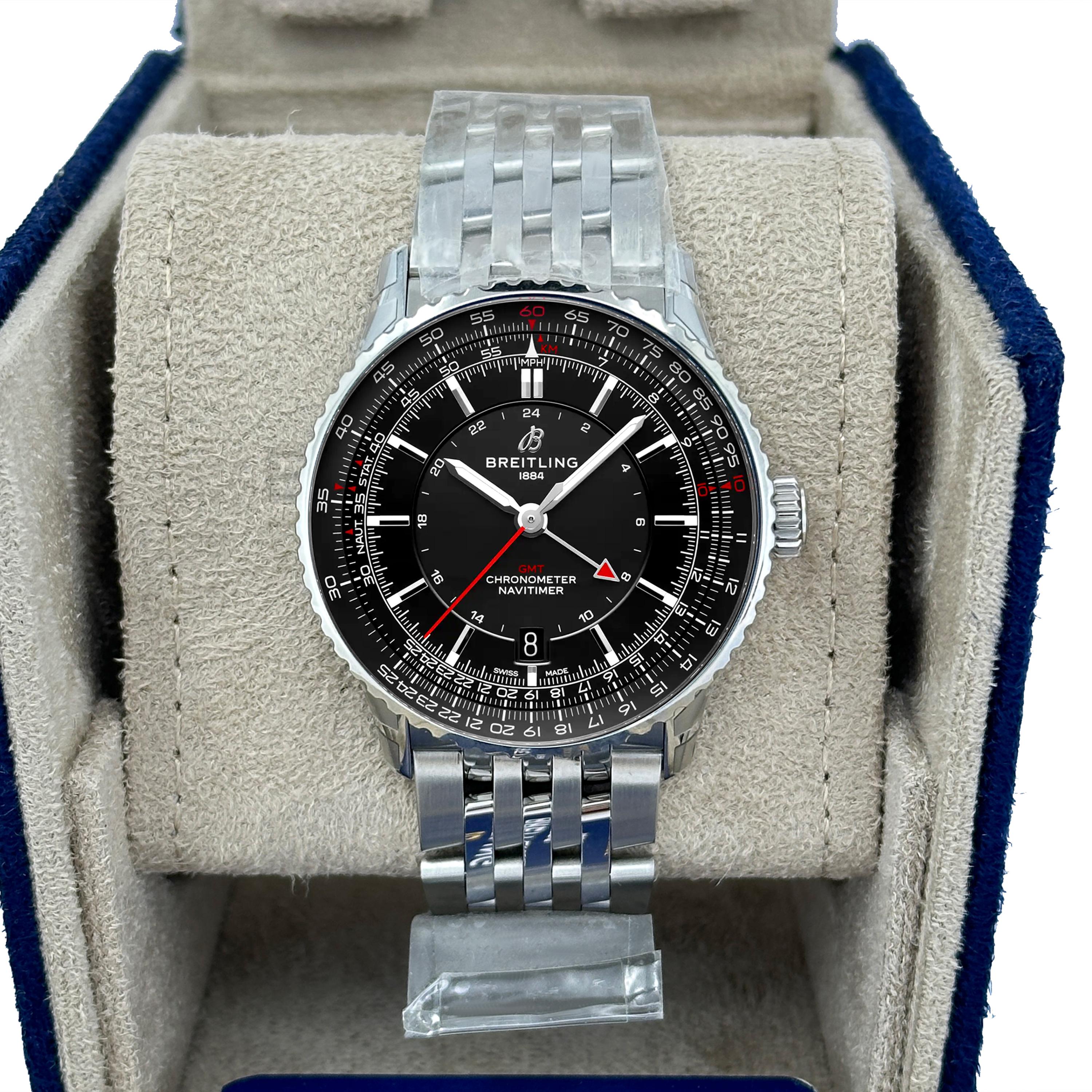 The Breitling Navitimer Automatic GMT 41 (Ref. A32310251B1A1) blends iconic aviation heritage with modern practicality, offering a refined take on one of the brand’s most historic models. Housed in a 41mm stainless steel case, this timepiece stands