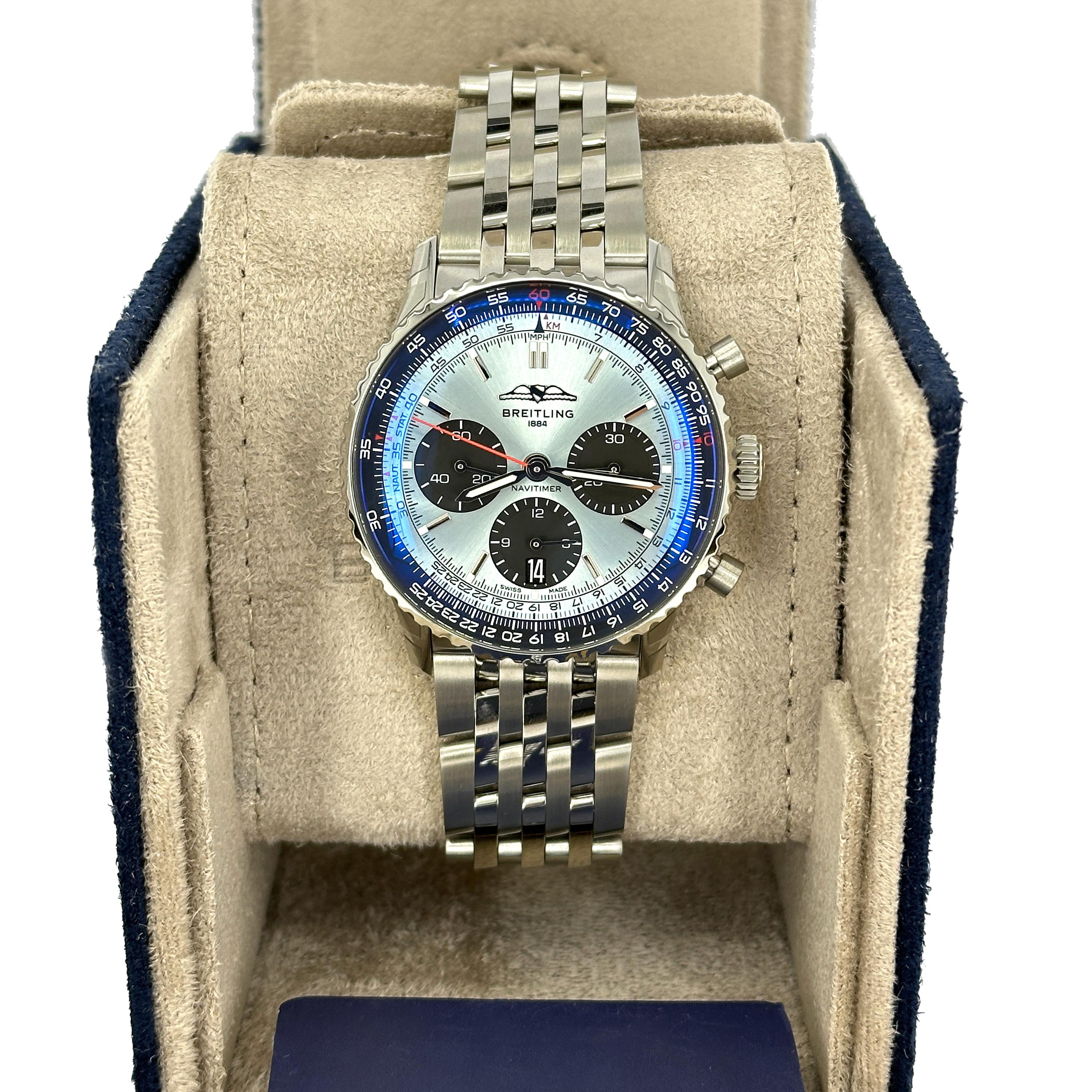 Il Breitling Navitimer B01 Chronograph 41 (ref. AB0139241C2A1) porta l'orologio da pilota più iconico del marchio in un raffinato formato da 41 mm, perfetto per chi apprezza l'eredità dell'aviazione in un formato versatile. Il suo radioso quadrante