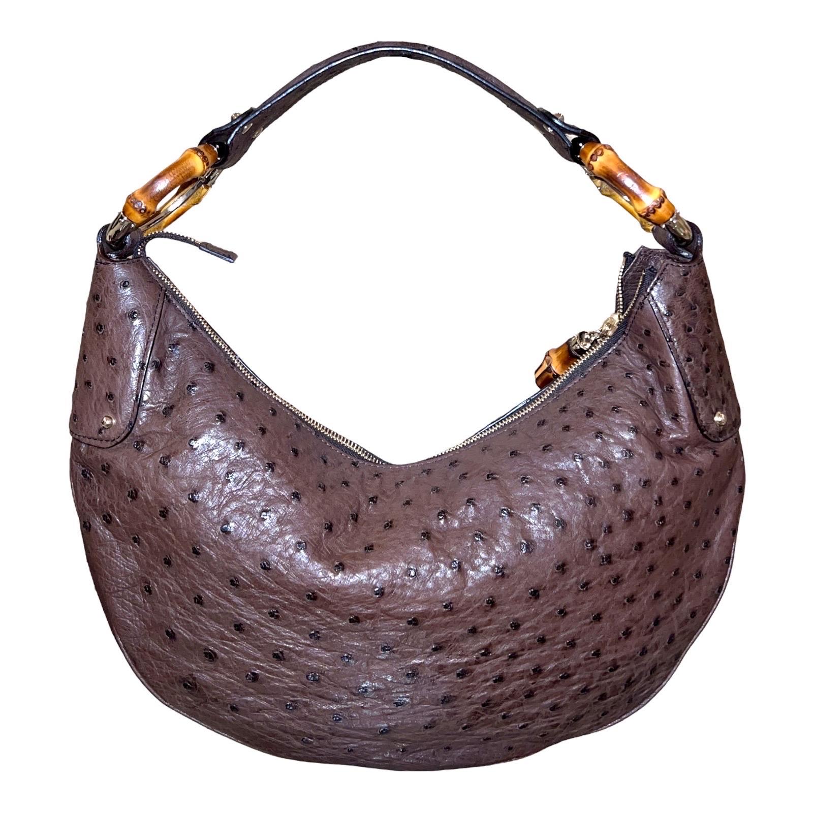 UNWORN Brown Gucci Ostrich Bamboo Detail Shoulder Bag - Full Set For Sale  at 1stDibs