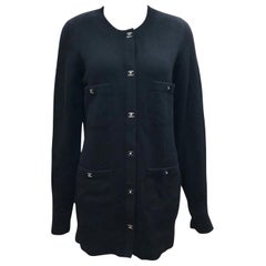 Unworn Chanel Black Cashmere Long Cardigan Sweater in Silver CC Turn-Lock