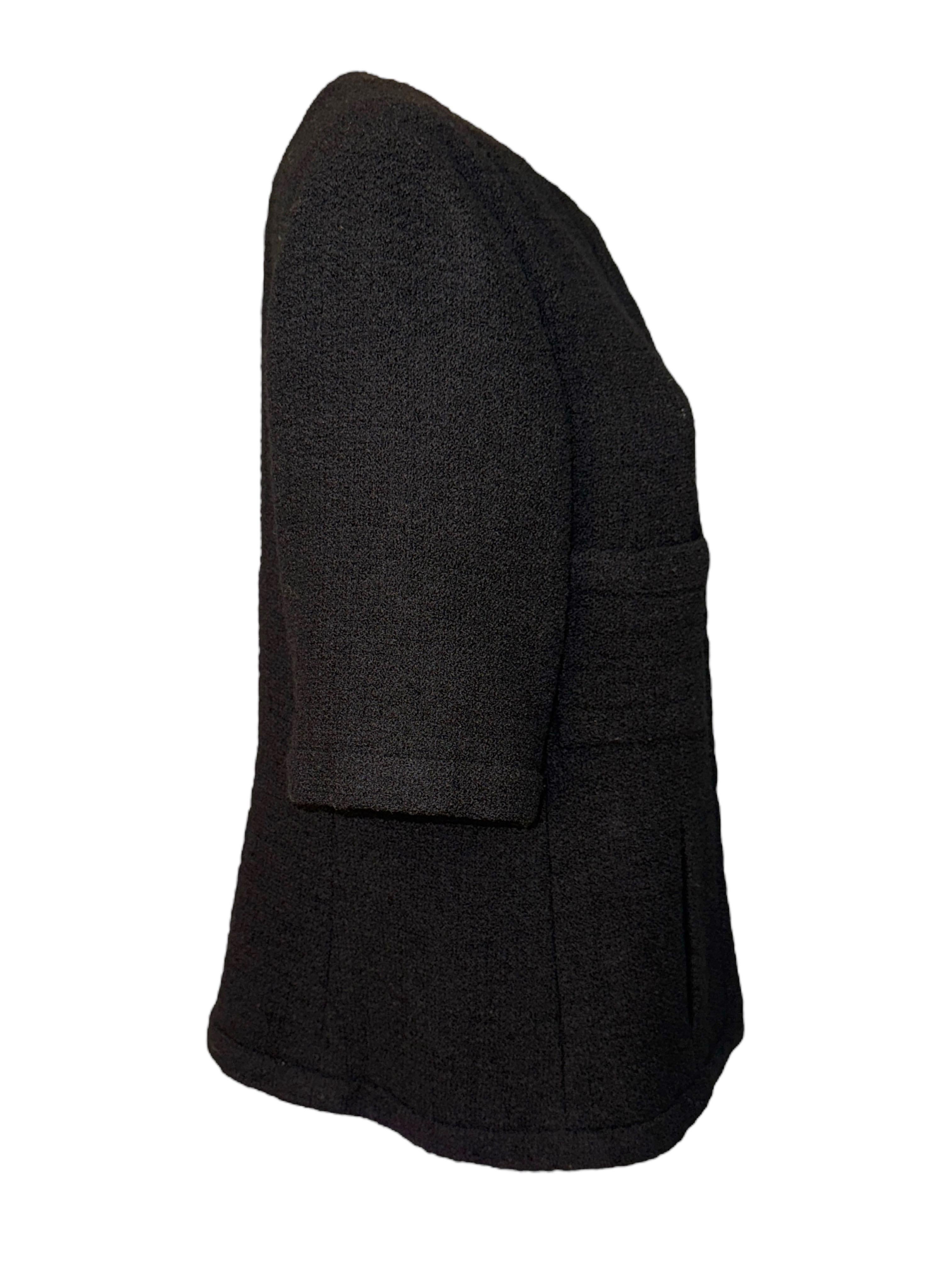 Beautiful CHANEL jacket designed by Karl Lagerfeld
A true CHANEL signature item that will last you for many years
The classic little black jacket LBJ 
Closes in front with jeweled CC logo two way zipper
Fabric created by Maison Lesage exclusively