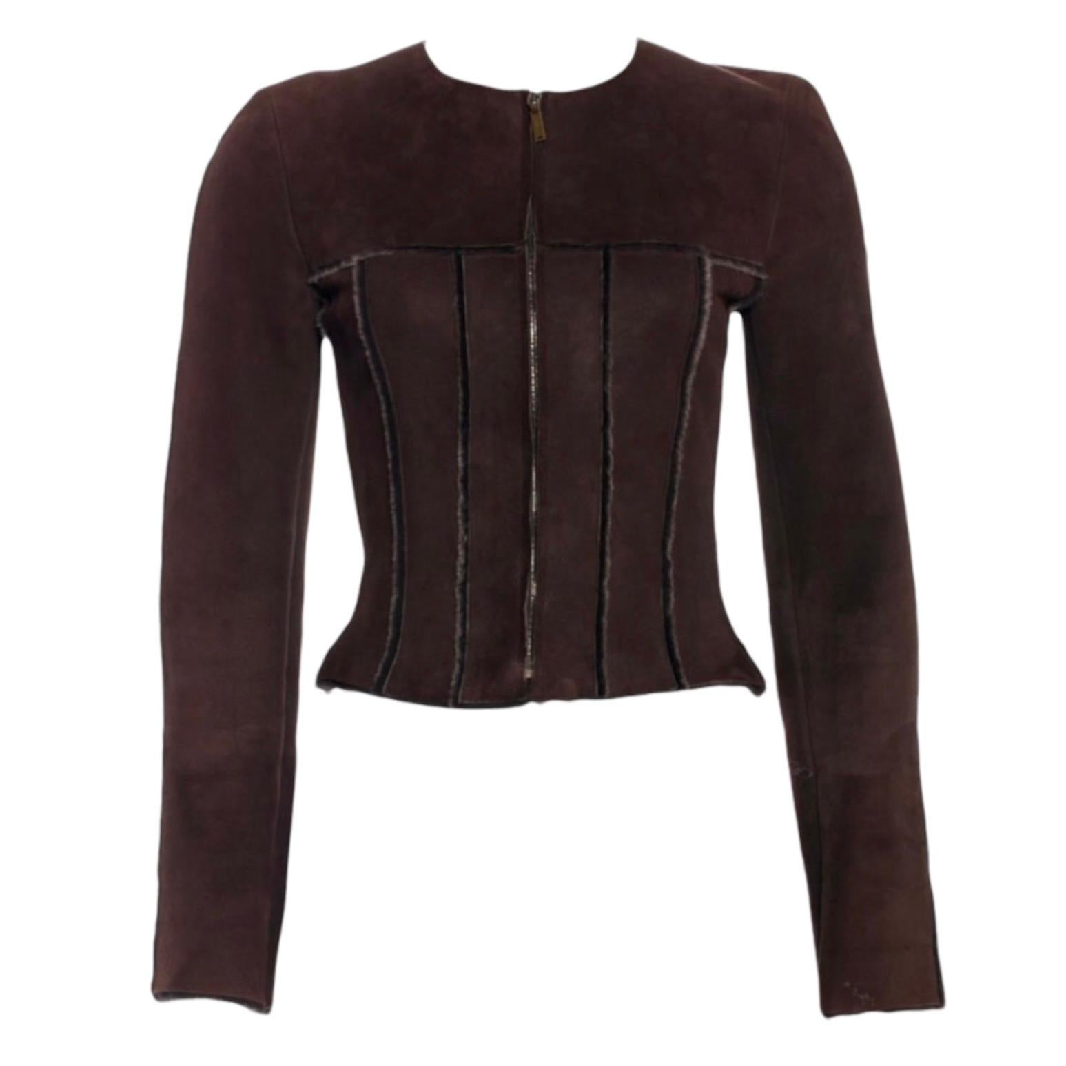 Black UNWORN Chanel Brown Lambskin Suede Fur Shearling Outwear Jacket 34 For Sale