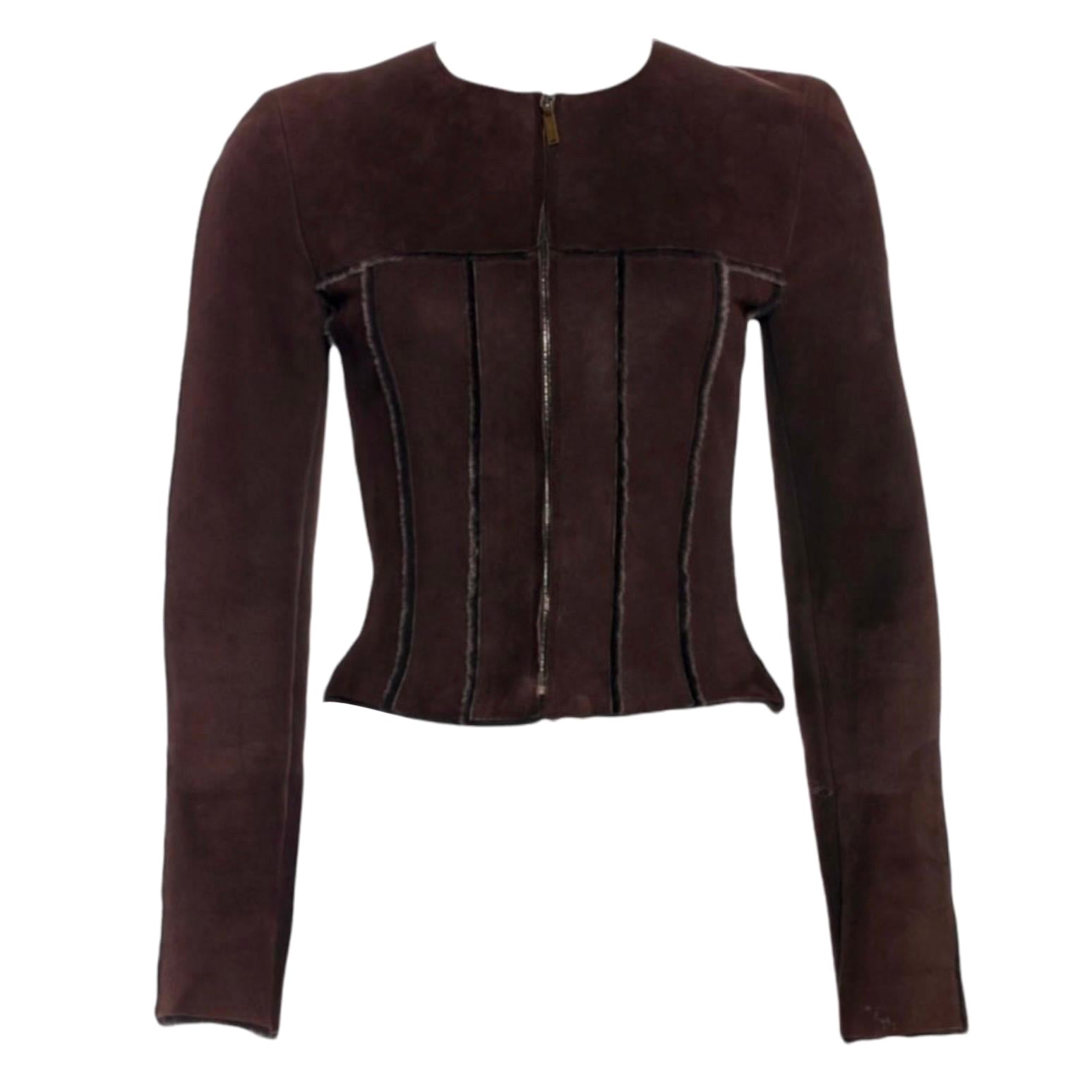 Giacca Chanel marrone, non indossata, in pelle d'agnello scamosciata e pelliccia di shearling 34