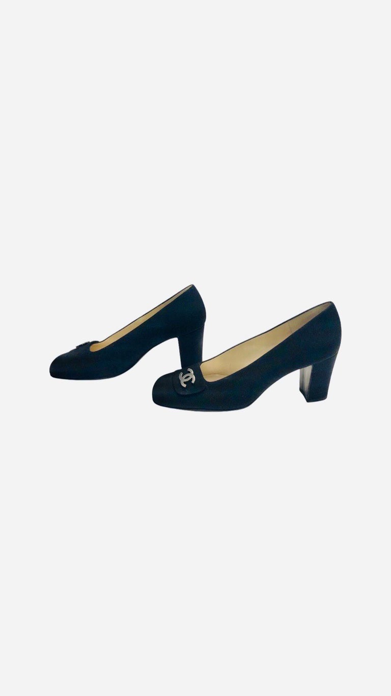 Women's or Men's Unworn Chanel CC Black Silk Square Toes Heels  For Sale