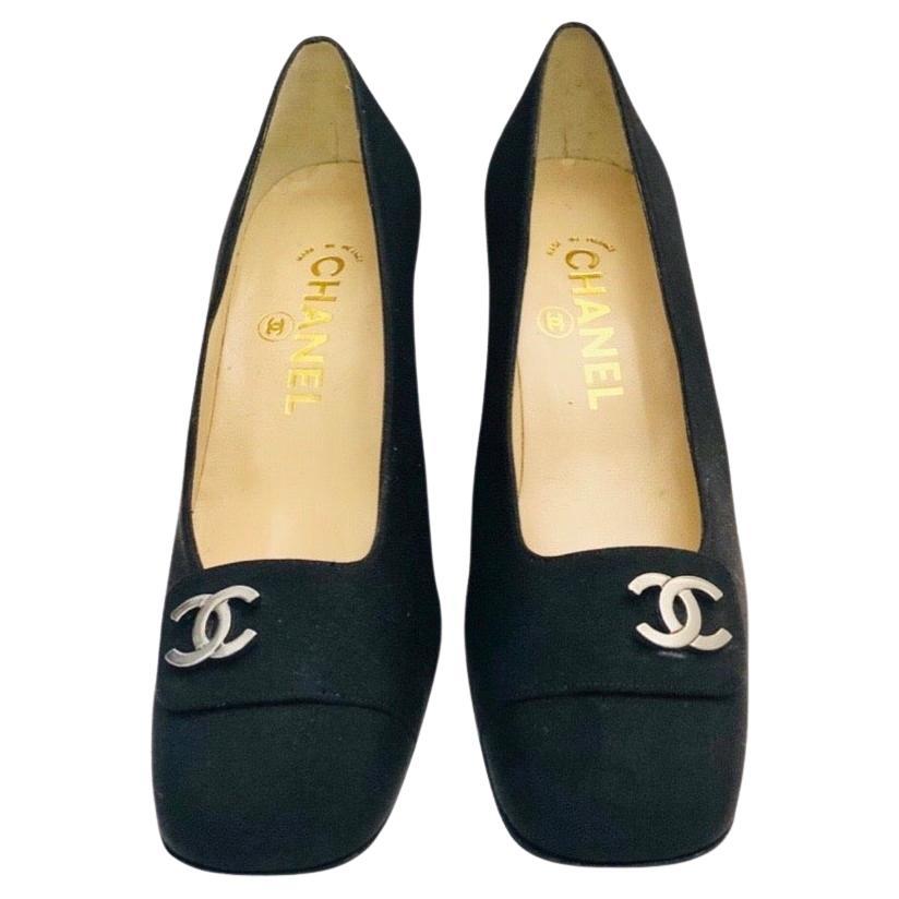 Chanel CC Black Silk Square Toes Heels  For Sale
