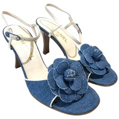 Unworn Chanel Denim Camellia Strap Sandals Heels