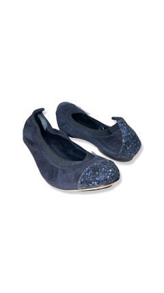 Unworn Chanel Navy Blue Suede Metallic Sequins Stretch  Ballerina Flats