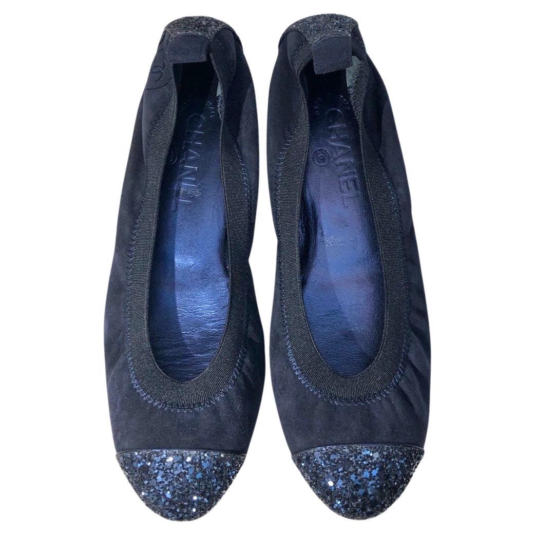 Unworn Chanel Navy Blue Suede Metallic Sequins Stretch  Ballerina Flats 