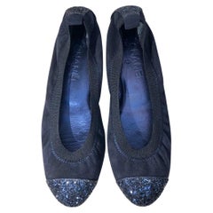 Used Unworn Chanel Navy Blue Suede Metallic Sequins Stretch  Ballerina Flats 
