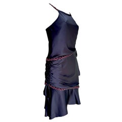 UNWORN Chanel Navy Draped Silk Dress with Fantasy Tweed Braid Trimmings 38