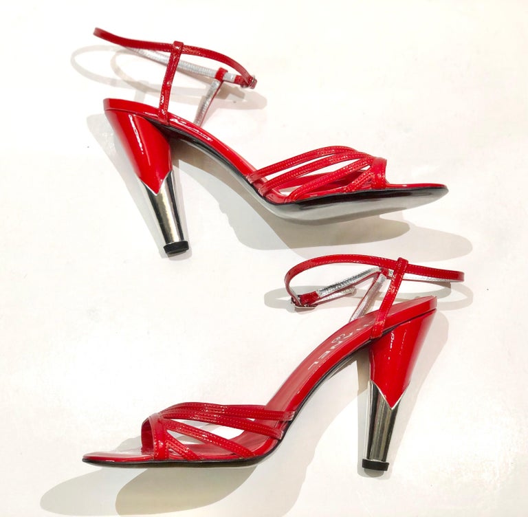 Unworn Chanel Red Patent Leather Slingback Sandals Silver 