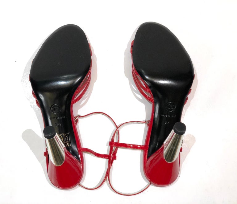 Unworn Chanel Red Patent Leather Slingback Sandals Silver 